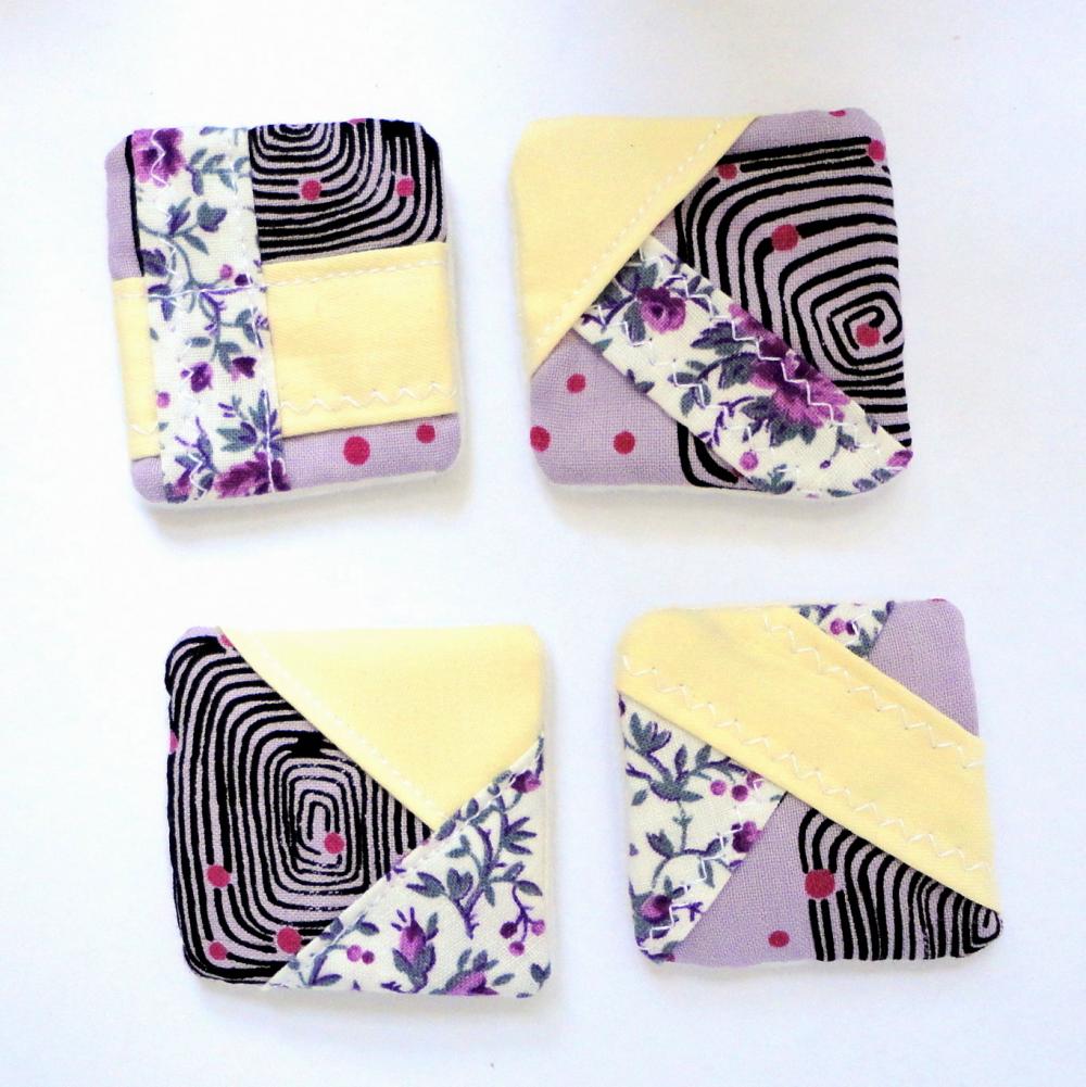 Magnets mini fabric patchwork unique set 4 OOAK yellow purple