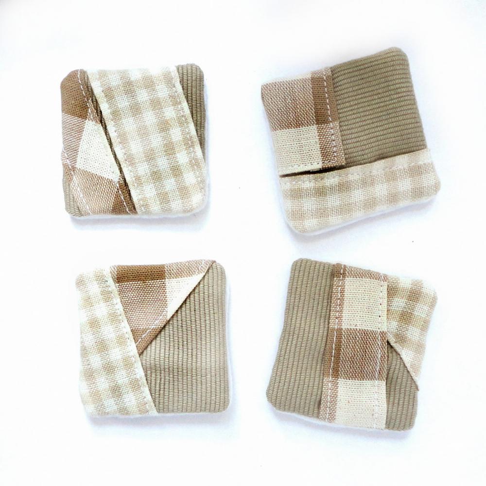 Magnets mini fabric patchwork unique set 4 OOAK Tan plaid gingham ribbed